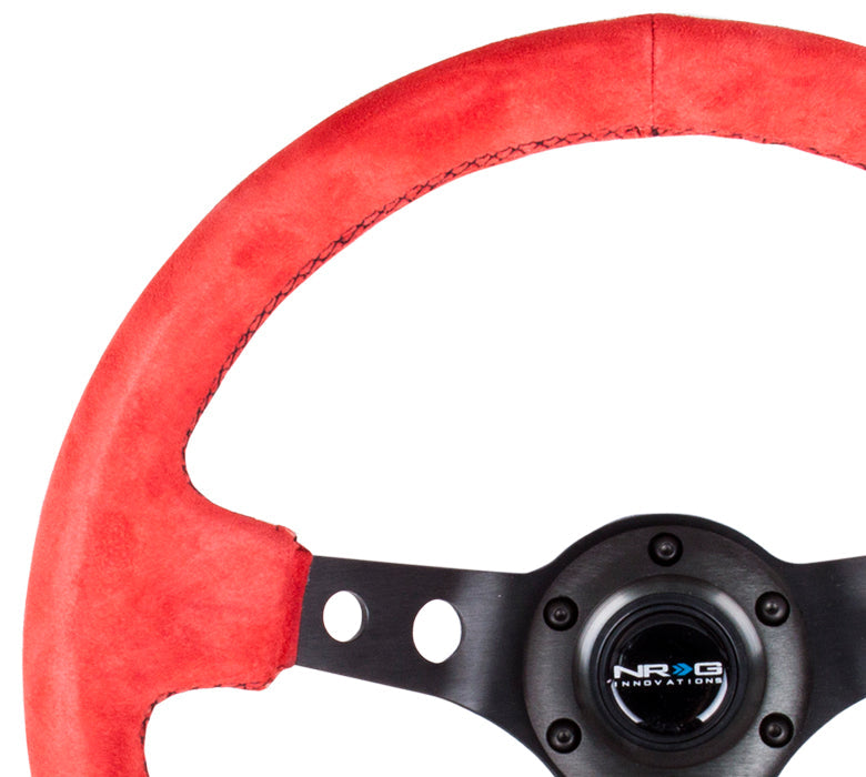 NRG Innovations - Reinforced Series Steering Wheel - Red Suede - Black Spokes w/Circle Cutouts - NextGen Tuning