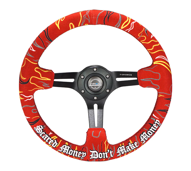 NRG Innovations - Reinforced Series Steering Wheel - Ryan Litteral Signatured Edition - Red Alcantara w/Black Stitching & Flame Embroidery - Black Spokes w/Slits - NextGen Tuning