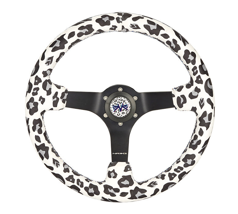 NRG Innovations - Reinforced Series Steering Wheel - SAVAGE White Leopard - Black Solid Spokes - NextGen Tuning