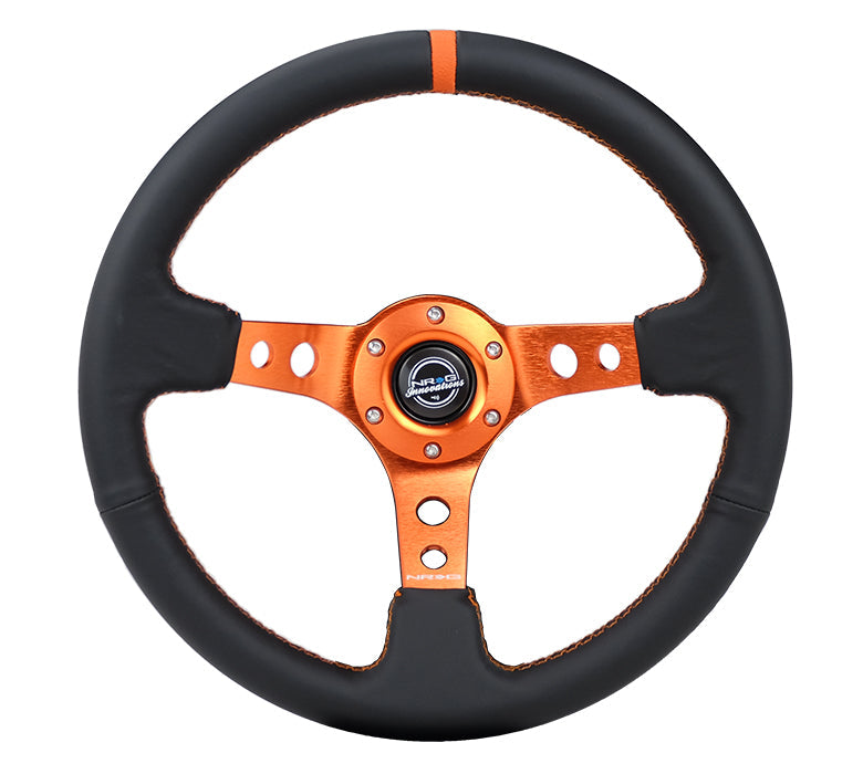 NRG Innovations - Reinforced Series Steering Wheel - Black Leather w/Orange Center Mark & Orange Stitching - Orange Spokes w/Circle Cutouts - NextGen Tuning