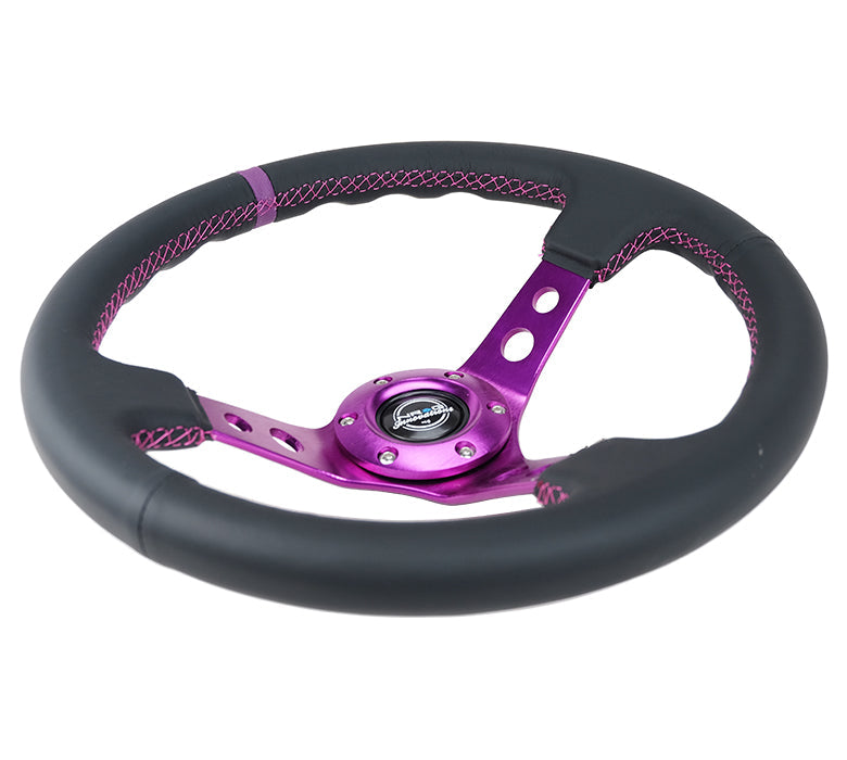 NRG Innovations - Reinforced Series Steering Wheel - Black Leather w/Purple Center Mark & Purple Stitching - Purple Spokes w/Circle Cutouts - NextGen Tuning
