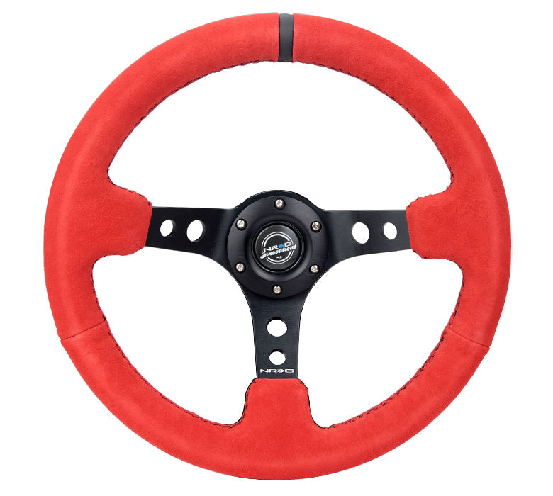 NRG Innovations - Reinforced Series Steering Wheel - Red Suede w/Black Center Mark & Black Stitching - Black Spokes w/Circle Cutouts - NextGen Tuning
