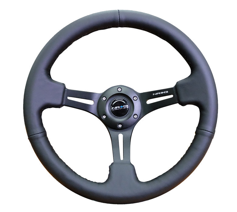NRG Innovations - Reinforced Series Steering Wheel - Black Leather w/Black Stitching - Black Spokes w/Slits - NextGen Tuning