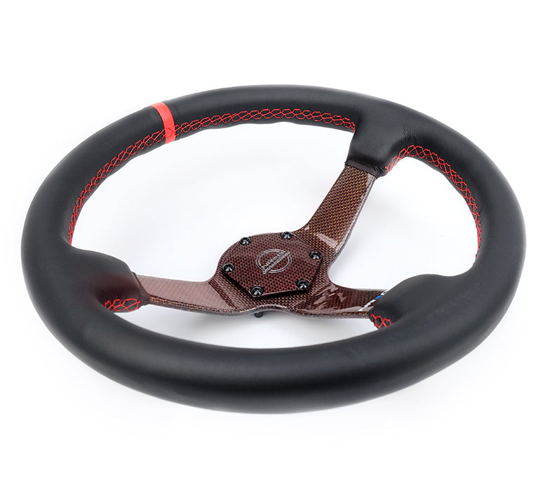NRG Innovations - Reinforced Series Carbon Fiber Steering Wheel - Black Leather w/Red Stitching & Red Center Mark - Red Carbon Fiber Solid Spokes - NextGen Tuning