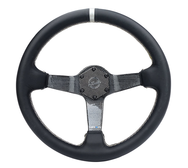 NRG Innovations - Reinforced Series Carbon Fiber Steering Wheel - Black Leather w/Silver Stitching & Silver Center Mark - Silver Carbon Fiber Solid Spokes - NextGen Tuning
