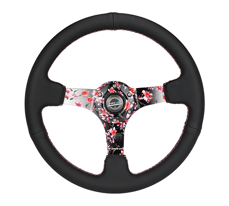 NRG Innovations - Reinforced Series Steering Wheel - Black Leather w/Pink Stitching - Sakura Hydrodipped Solid Spokes - NextGen Tuning