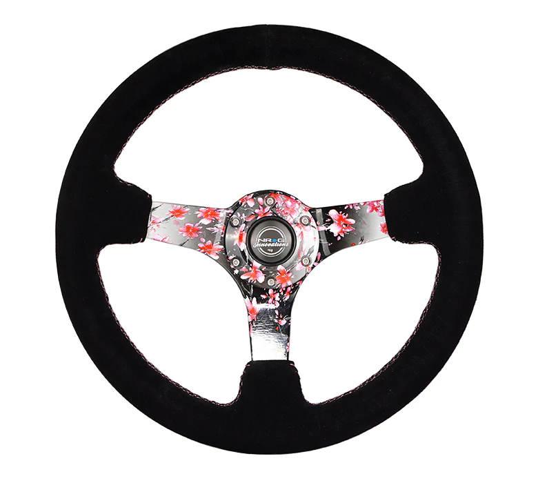 NRG Innovations - Reinforced Series Steering Wheel - Black Suede w/Pink Stitching - Sakura Hydrodipped Solid Spokes - NextGen Tuning