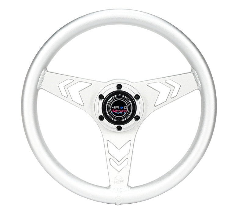 NRG Innovations x Prisma Lab - Aluminum Steering Wheel - Silver w/Arrow Cutout Spokes  - NextGen Tuning