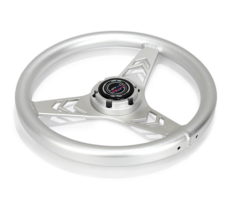 NRG Innovations x Prisma Lab - Aluminum Steering Wheel - Silver w/Arrow Cutout Spokes  - NextGen Tuning