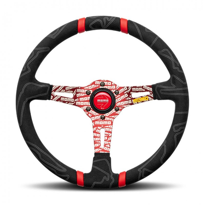 Momo - Ultra Steering Wheel - Black Alcantara w/Double Red Center Stripe - Red Anodized w/Logo Spokes - NextGen Tuning