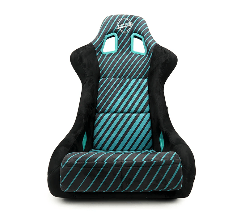 NRG Innovations - FRP Bucket Seat - 20 Year Anniversary - Large - Microfiber Black w/ Green Stripes & Arrow Design - FRP-302TWTY-BK - NextGen Tuning