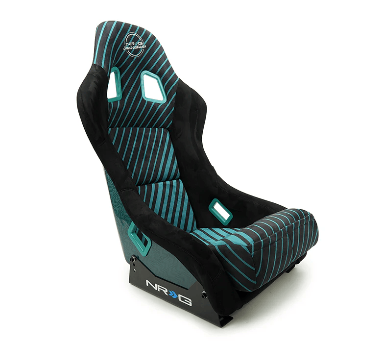 NRG Innovations - FRP Bucket Seat - 20 Year Anniversary - Large - Microfiber Black w/ Green Stripes & Arrow Design - FRP-302TWTY-BK - NextGen Tuning