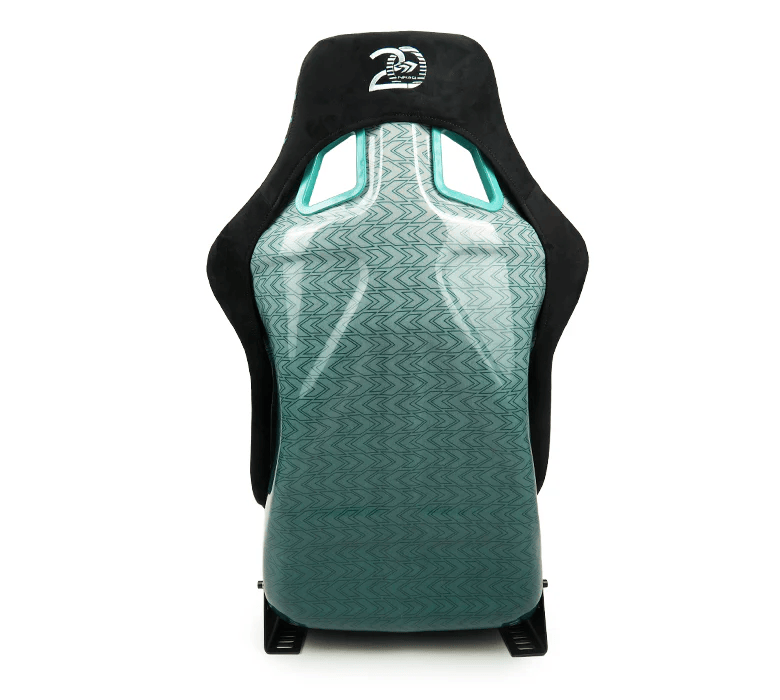 NRG Innovations - FRP Bucket Seat - 20 Year Anniversary - Large - Microfiber Black w/ Green Stripes & Arrow Design - FRP-302TWTY-BK - NextGen Tuning