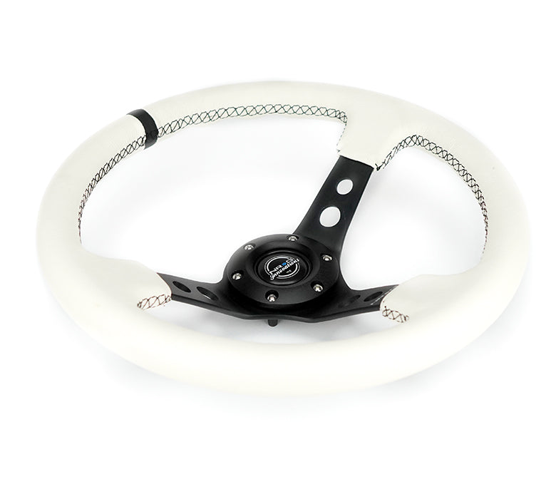 NRG Innovations - Reinforced Series Steering Wheel - White Leather w/Black Center Mark - Black Spokes w/Circle Cutouts - NextGen Tuning