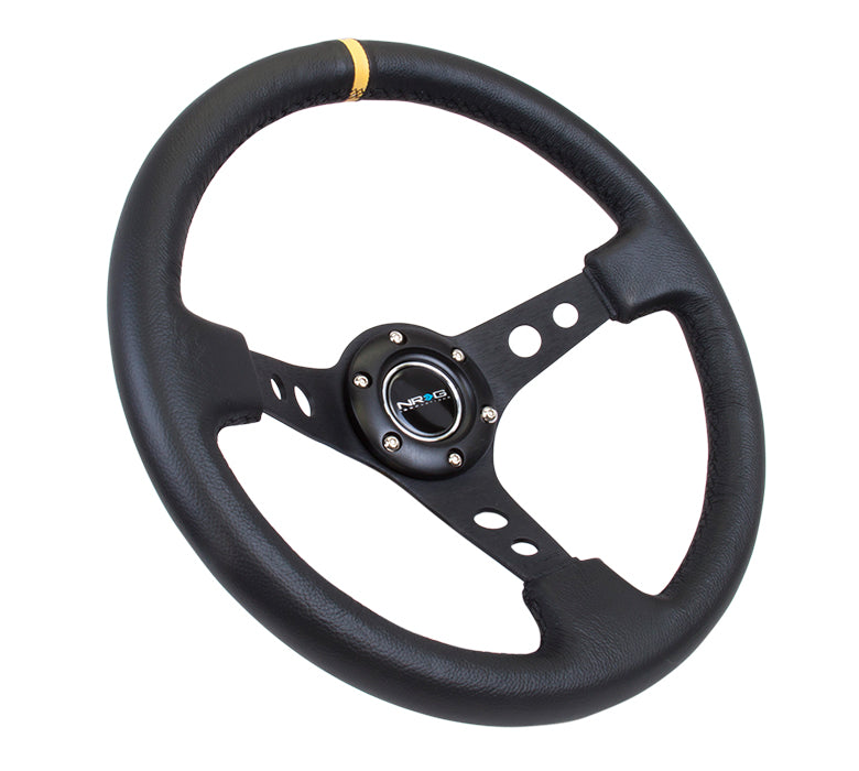 NRG Innovations - Reinforced Series Steering Wheel - Black Leather w/Yellow Center Mark - Black Spokes w/Circle Cutouts  - NextGen Tuning