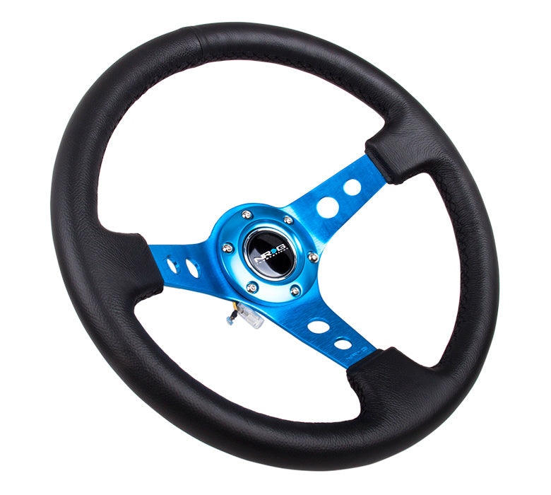 NRG Innovations - Reinforced Series Steering Wheel - Black Leather - Blue Spokes w/Circle Cutouts - NextGen Tuning