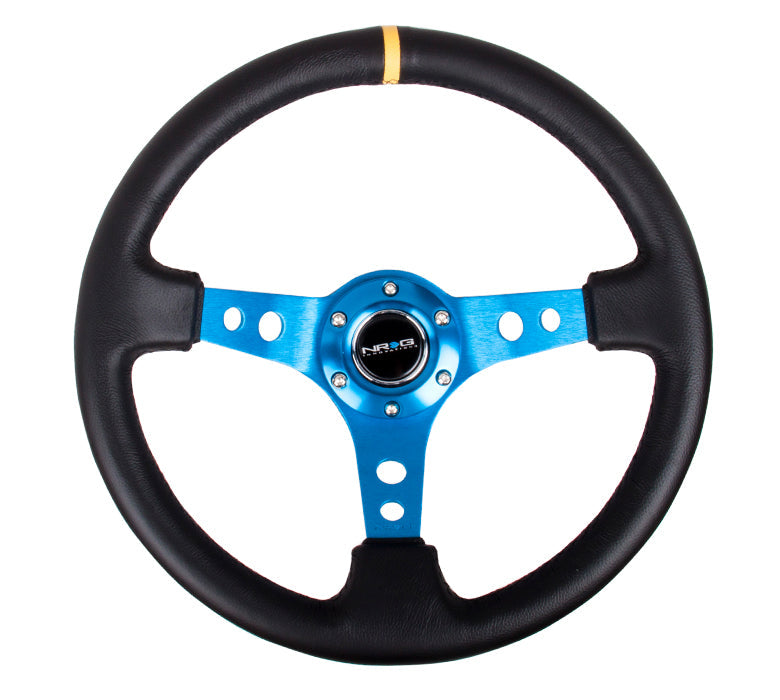 NRG Innovations - Reinforced Series Steering Wheel - Black Leather w/Yellow Center Mark - Blue Spokes w/Circle Cutouts - NextGen Tuning