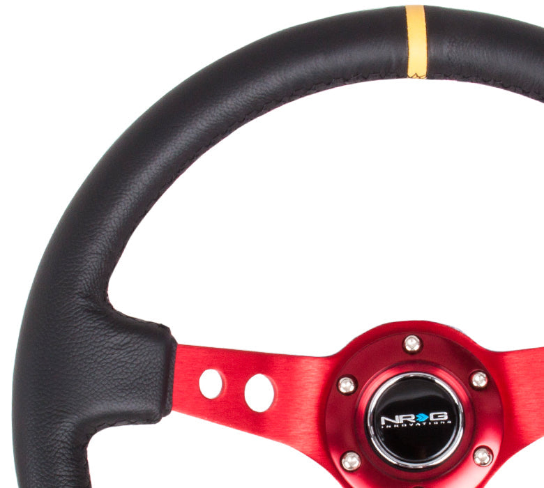 NRG Innovations - Reinforced Series Steering Wheel - Black Leather w/Yellow Center Mark - Red Spokes w/Circle Cutouts - NextGen Tuning