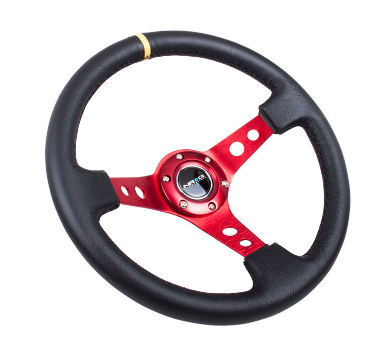 NRG Innovations - Reinforced Series Steering Wheel - Black Leather w/Yellow Center Mark - Red Spokes w/Circle Cutouts - NextGen Tuning