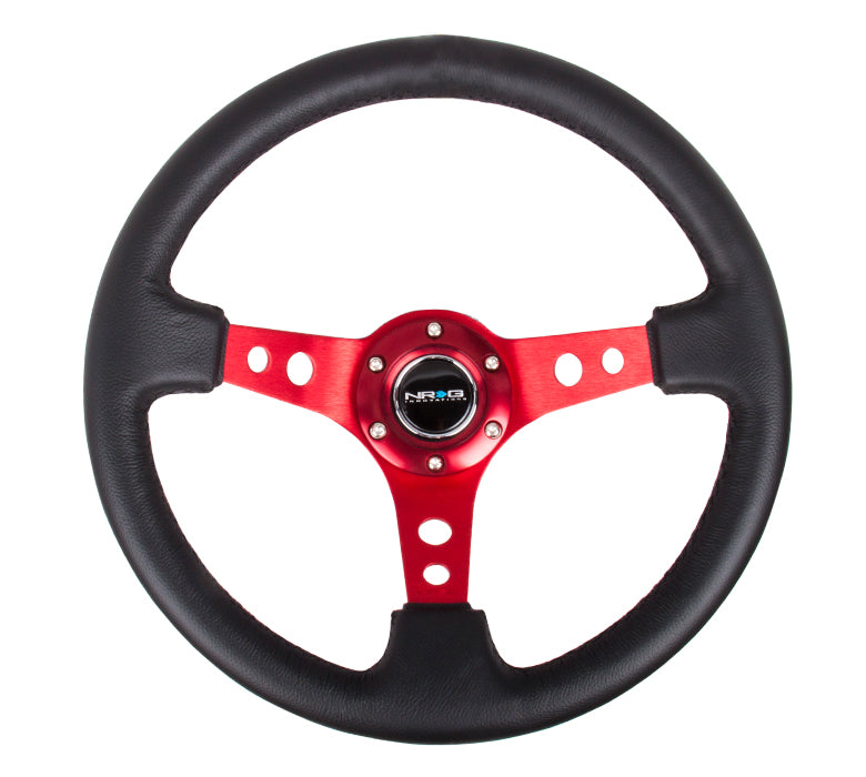 NRG Innovations - Reinforced Series Steering Wheel - Black Leather - Red Spokes w/Circle Cutouts - NextGen Tuning