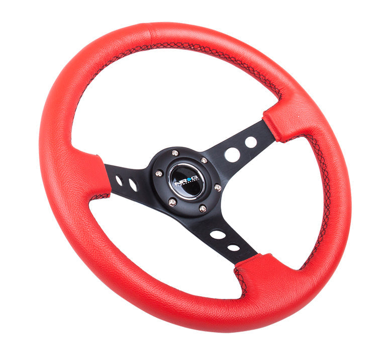 NRG Innovations - Reinforced Series Steering Wheel - Red Leather w/Black Stitch - Black Spokes w/Circle Cutouts - NextGen Tuning