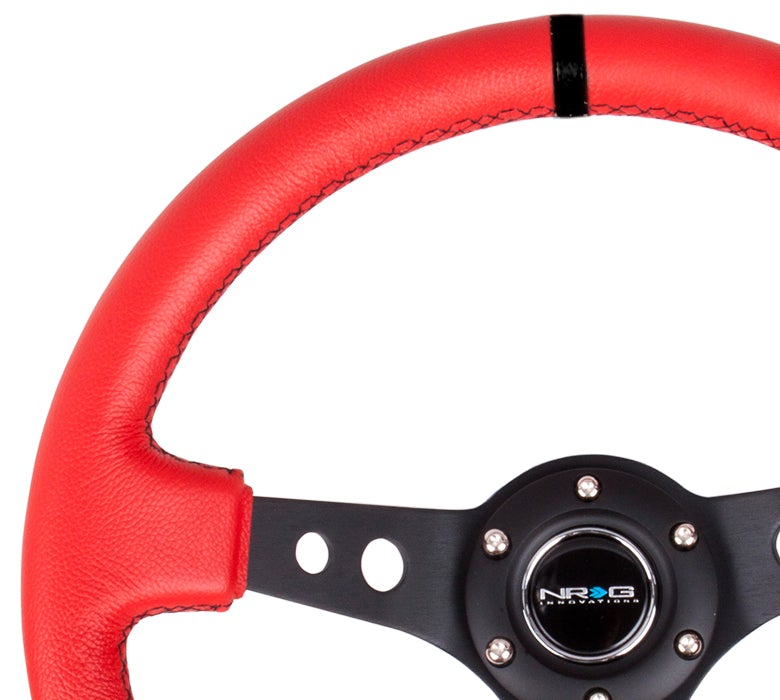 NRG Innovations - Reinforced Series Steering Wheel - Red Leather w/Black Center Mark & Black Stitch - Black Spokes w/Circle Cutouts - NextGen Tuning