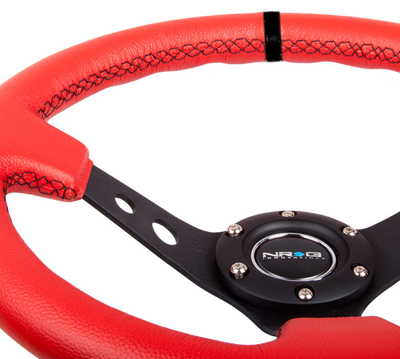 NRG Innovations - Reinforced Series Steering Wheel - Red Leather w/Black Center Mark & Black Stitch - Black Spokes w/Circle Cutouts - NextGen Tuning