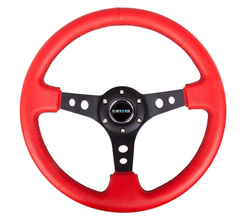 NRG Innovations - Reinforced Series Steering Wheel - Red Leather w/Black Stitch - Black Spokes w/Circle Cutouts - NextGen Tuning