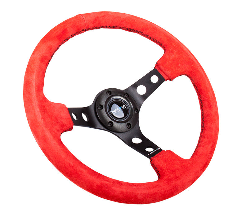 NRG Innovations - Reinforced Series Steering Wheel - Red Suede - Black Spokes w/Circle Cutouts - NextGen Tuning