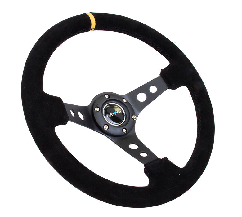 NRG Innovations - Reinforced Series Steering Wheel - Black Suede w/Yellow Center Mark - Black Spokes w/Circle Cutouts - NextGen Tuning