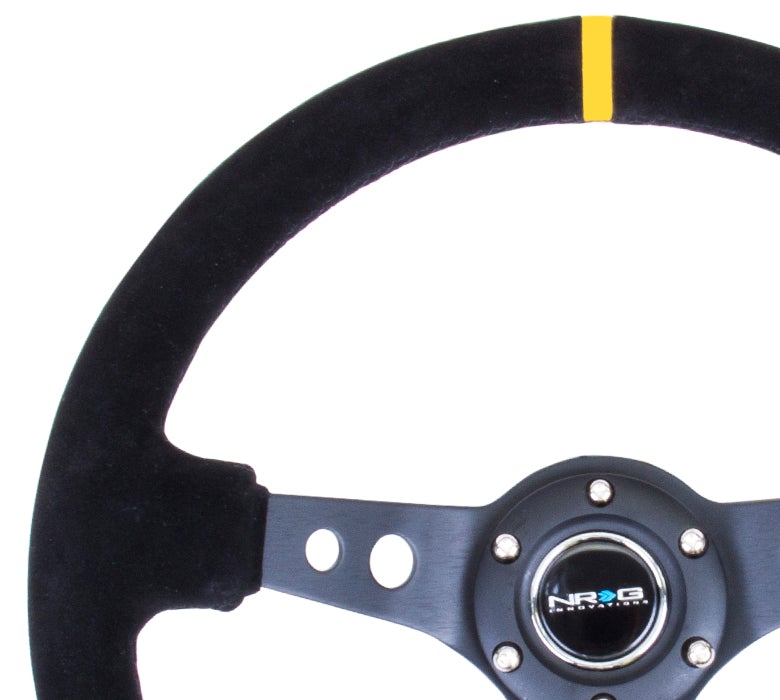 NRG Innovations - Reinforced Series Steering Wheel - Black Suede w/Yellow Center Mark - Black Spokes w/Circle Cutouts - NextGen Tuning