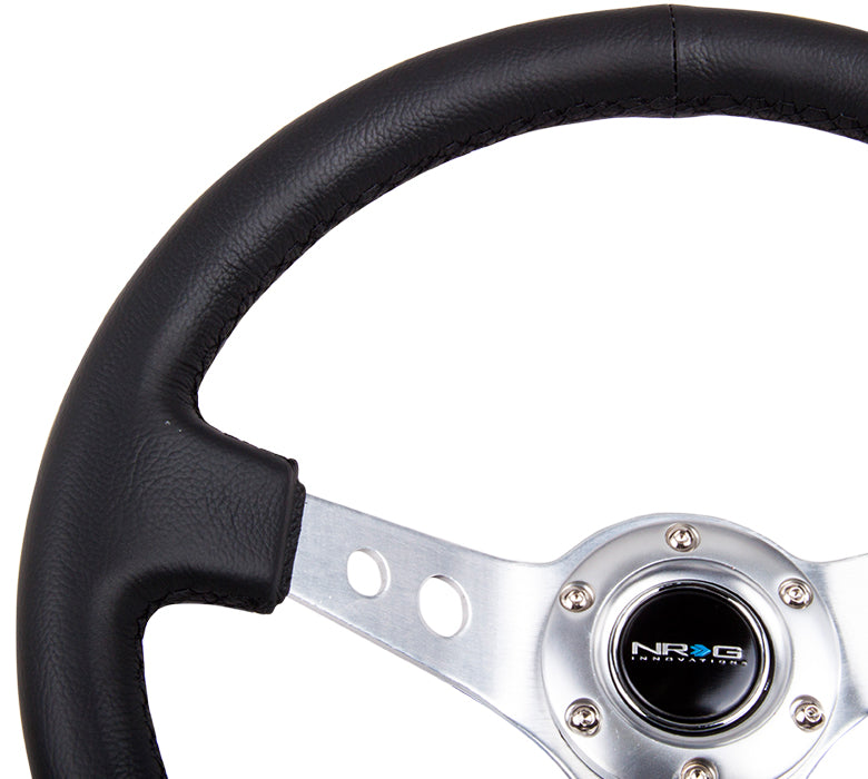 NRG Innovations - Reinforced Series Steering Wheel - Black Leather - Silver Spokes w/Circle Cutouts - NextGen Tuning