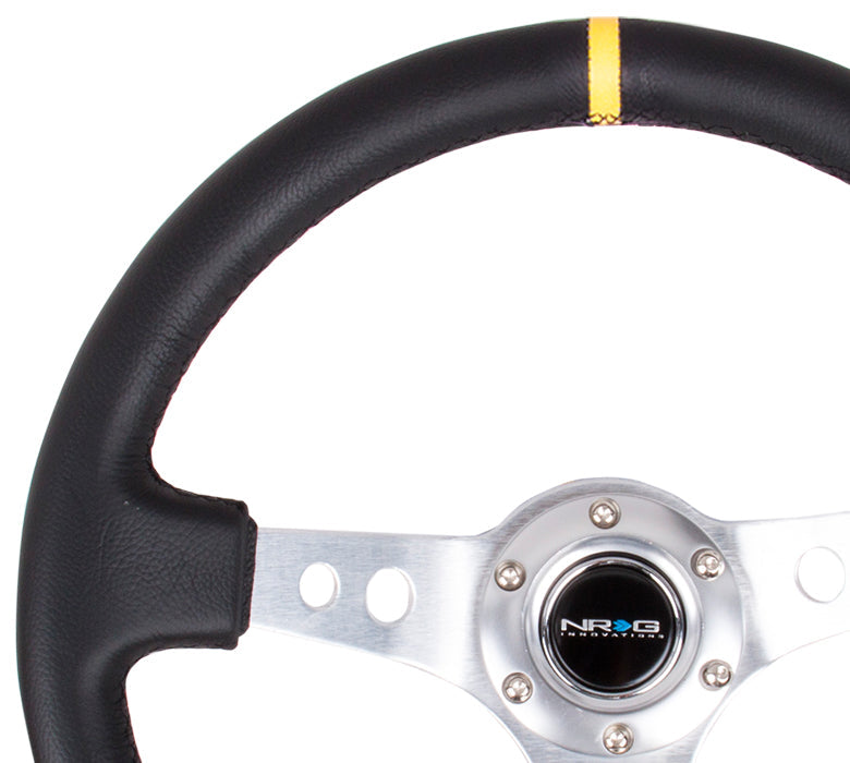 NRG Innovations - Reinforced Series Steering Wheel - Black Leather w/Yellow Center Mark - Silver Spokes w/Circle Cutouts - NextGen Tuning