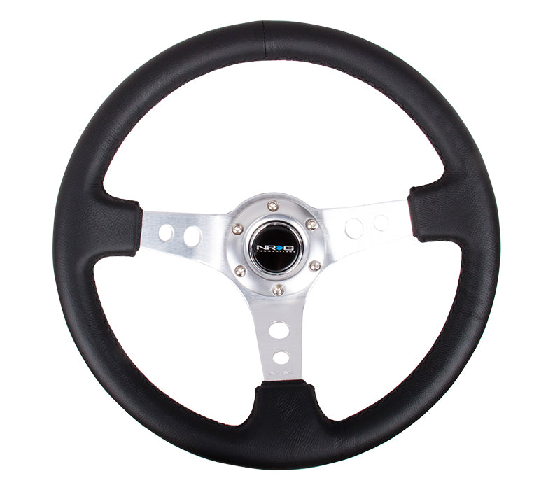 NRG Innovations - Reinforced Series Steering Wheel - Black Leather - Silver Spokes w/Circle Cutouts - NextGen Tuning