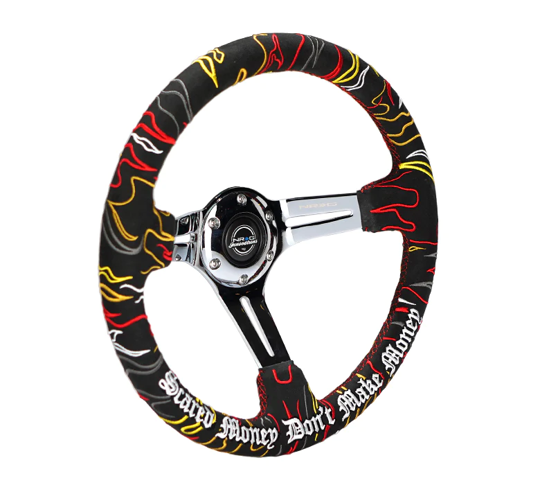 NRG Innovations - Reinforced Series Steering Wheel - Ryan Litteral Signatured Edition - Black Alcantara w/Red Stitching & Flame Embroidery - Chrome Spokes w/Slits - NextGen Tuning