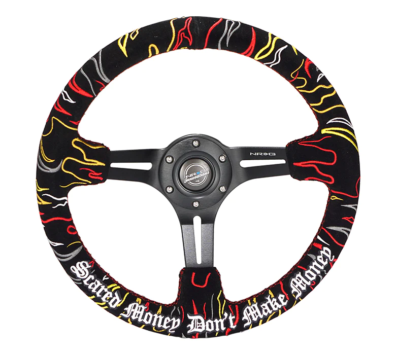 NRG Innovations - Reinforced Series Steering Wheel - Ryan Litteral Signatured Edition - Black Alcantara w/Red Stitching & Flame Embroidery - Black Spokes w/Slits - NextGen Tuning