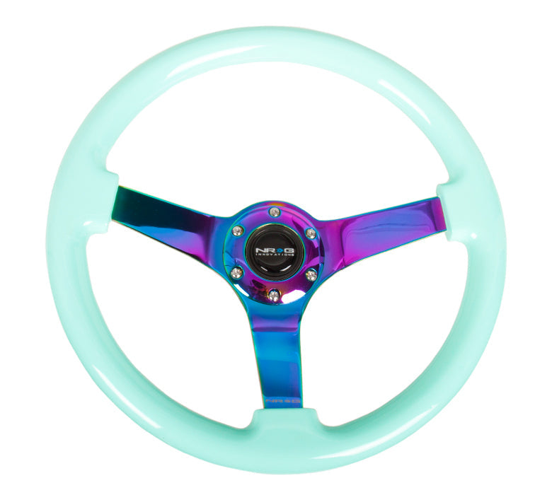 NRG Innovations - Reinforced Series Steering Wheel - Minty Fresh Wood - Neochrome Solid Spokes - NextGen Tuning