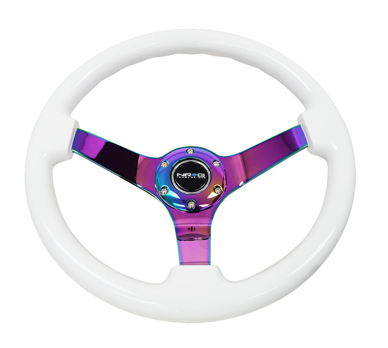 NRG Innovations - Reinforced Series Steering Wheel - Classic White Wood - Neochrome Solid Spokes - NextGen Tuning