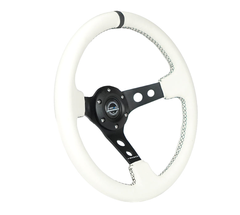 NRG Innovations - Reinforced Series Steering Wheel - White Leather w/Black Center Mark - Black Spokes w/Circle Cutouts - NextGen Tuning