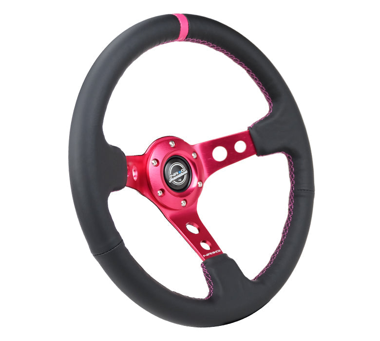 NRG Innovations - Reinforced Series Steering Wheel - Black Leather w/Fushia Center Mark & Fushia Stitching - Fushia Spokes w/Circle Cutouts - NextGen Tuning