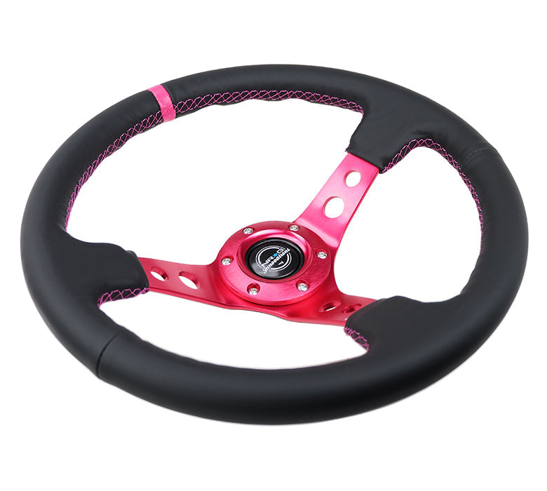 NRG Innovations - Reinforced Series Steering Wheel - Black Leather w/Fushia Center Mark & Fushia Stitching - Fushia Spokes w/Circle Cutouts - NextGen Tuning