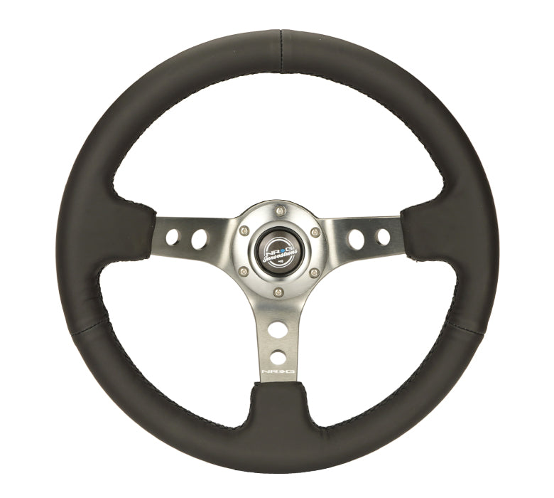 NRG Innovations - Reinforced Series Steering Wheel - Black Leather - Gunmetal Spokes w/Circle Cutouts - NextGen Tuning