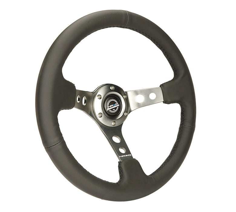 NRG Innovations - Reinforced Series Steering Wheel - Black Leather - Gunmetal Spokes w/Circle Cutouts - NextGen Tuning