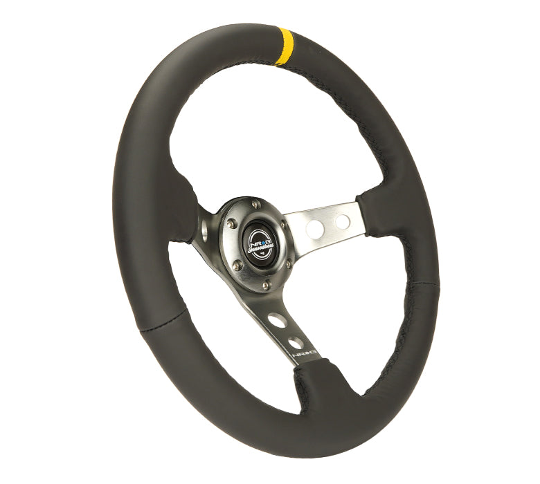 NRG Innovations - Reinforced Series Steering Wheel - Black Leather w/Yellow Center Mark - Gun Metal Spokes w/Circle Cutouts - NextGen Tuning
