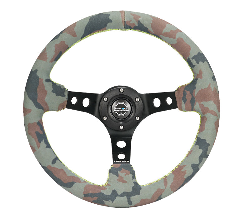 NRG Innovations - Reinforced Series Steering Wheel - Camoflage Suede w/Yellow Stitching - Black Spokes w/Circle Cutouts - NextGen Tuning
