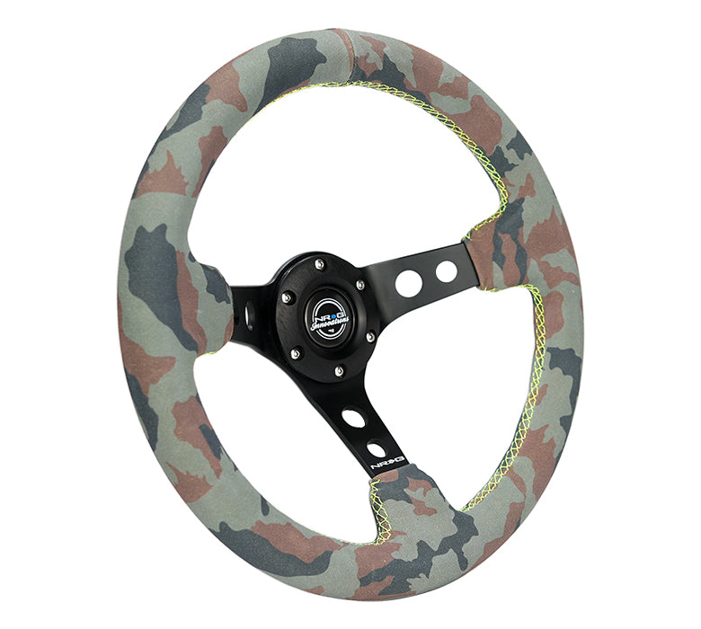 NRG Innovations - Reinforced Series Steering Wheel - Camoflage Suede w/Yellow Stitching - Black Spokes w/Circle Cutouts - NextGen Tuning