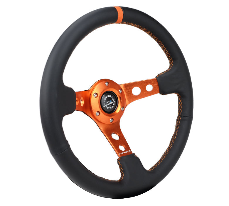 NRG Innovations - Reinforced Series Steering Wheel - Black Leather w/Orange Center Mark & Orange Stitching - Orange Spokes w/Circle Cutouts - NextGen Tuning
