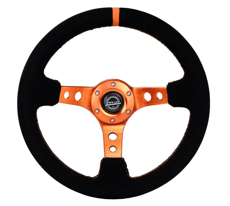 NRG Innovations - Reinforced Series Steering Wheel - Black Suede w/Orange Center Mark & Orange Stitching - Orange Spokes w/Circle Cutouts - NextGen Tuning