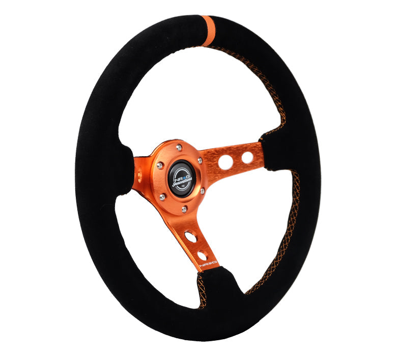 NRG Innovations - Reinforced Series Steering Wheel - Black Suede w/Orange Center Mark & Orange Stitching - Orange Spokes w/Circle Cutouts - NextGen Tuning