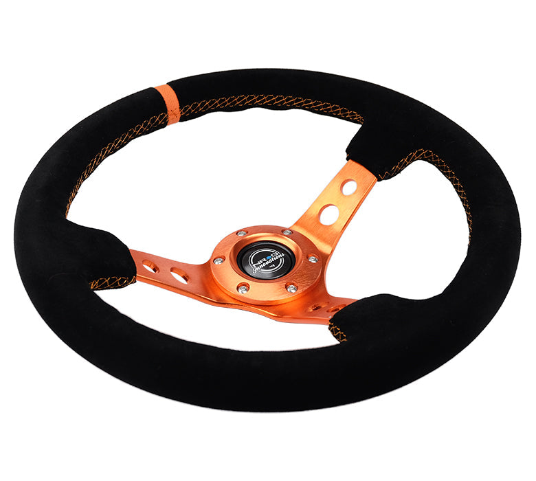 NRG Innovations - Reinforced Series Steering Wheel - Black Suede w/Orange Center Mark & Orange Stitching - Orange Spokes w/Circle Cutouts - NextGen Tuning